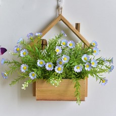 墻面壁飾 仿真花掛件 假花 客廳壁掛 實木仿真花壁掛 房間掛壁 臥室墻壁裝飾品 墻上掛飾 室內裝飾 仿真花壁飾, 木質小房子+星星雛菊籃色*2