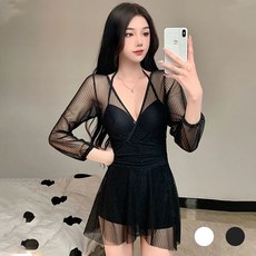Titikong 여성 원피스수영복 빅사이즈 체형커버 시스루 긴팔 실내수영복 스커트 섹시 비치웨어, 블랙