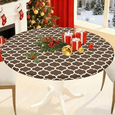 Smiry 원형 피크닉 식탁보 방수 탄성 장착 테이블 커버 144.8~172.7cm(57~68인치) 테이블용 닦을 수 있는 플란넬 뒷면 비닐 식탁보 캠핑 실내 실외용, 브라운 & 화이트