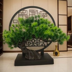 新中式仿真迎客松擺件 帶屏風底座, 仿真吉祥松