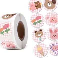 핑크 체크 8종 곰돌이 토끼 원형 스티커 500pcs OC_0404TG