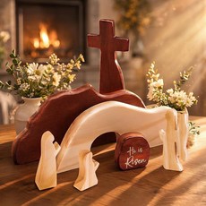 He is Risen 단단한 천연 나무 부활절 장식 빈 무덤 및 십자가 장식이 있는 기독교 부활 장면 가정 교회 사무실을 위한 종교 테이블 장식 선물 255826
