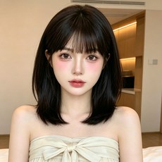 Lumiweft 여성 쇄골 앞머리 가발 내츄럴 레이어드 컷 중단발 헤어 수제 통기성 가발, 1개, 검정색