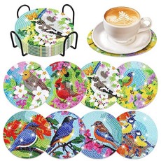 8피스 자폐증 인식 다이아몬드 아트 코스터 홀더 포함 DIY 자폐증 인식 다이아몬드 아트 코스터 성인용 다이아몬드 키트 크리스마스 용품, 새와 꽃