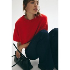 국내백화점 H&M 가디건 브랜드관 쇼트 슬리브 스웨터 브라이트 레드 1300647007 커플 사무실 (BK파우치 증정)