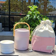 스밈콤마 보온 도시락통+보온 가방 세트, 1세트, 핑크1.8L+작은통2개+핑크가방