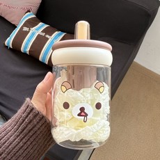 輕鬆熊塑料杯學生可愛隨手女生高顏值茶水吸管杯子水杯超萌夏天, 1個, 輕鬆熊塑料圓提手【1個】