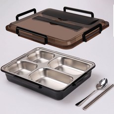 [SUS-304 스텐 식판 도시락통 세트] 밀폐 도시락 런치박스 스테인레스 5칸 다이어트 아이 소풍 용기, 1세트, 4칸도시락+수저세트, 오닉스 블랙