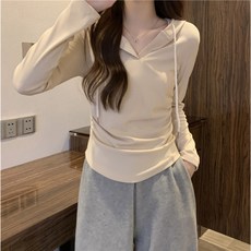 여성용 후드 긴팔 티셔츠 가을용 주름 디테일 슬림핏 이너웨어 짧은 상의