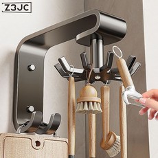 Z3JC 廚房槍灰色旋轉掛鉤免打孔廚具收納鍋鏟勺子鏟子置物架壁掛收納架, 1個, 槍灰旋轉掛鉤【6鉤】:如圖