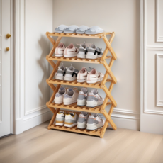 현관 수납 신발 정리대 다용도 접이식 조립 신발장, 나뭇결 5단