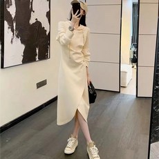 時尚連帽衛衣裙 秋季新款寬鬆休閒中長款過膝連衣裙, 杏色,L