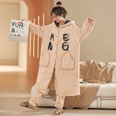 彩妮情珊瑚絨加厚連帽睡袍，法蘭絨情侶家居服套裝, PY9004#女款,M, 1個