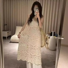 Cwadun 여성용 홀로우 니트 서스펜더 드레스 백탑 드레스