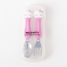 아동 휴대용 식기 세트 스테인리스 숟가락 포크 2종 케이스 포함 어린이집 유아 선물 추천, 1세트, 숟가락+포크, 핑크 헬로키티