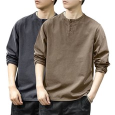 Makone 남성 헨리넥 티셔츠 긴팔 루즈핏 솔리드 캐주얼 풀오버 1+1
