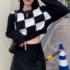 해피유통 여성 숏 패션 디자인 체크 니트 탑 jhlyt