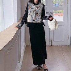 ORZQU 여성 개량 한복 세트 봄가을 단추 조끼 외투 + 원피스 투피스 코디