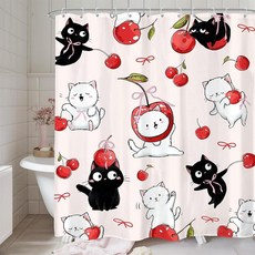 LIGHTINHOME 재미있는 고양이 샤워 커튼 152.4cm x 높이 182.9cm 블랙 앤 화이트 귀여운 키티 카와이 레드 체리 리본 나비 매듭 동물 어린이 천 원단 방수, G-cherry Cat