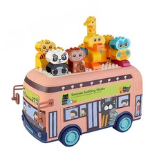 888玩具 888便利購 觸控語音大巴士幼兒大塊益智積木 (早教教學/136PCS手提巴士盒收納組) (粉紅色), 1個, 白色, 粉紅色