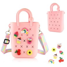 스트랩이 달린 미니 비치 백 - 부드러운 실리콘 토트백 소녀를 위한 생일 선물 아이디어 여름 피크닉 또는 휴일 사용 핑크