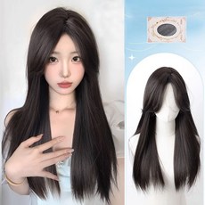 BIKASU 여성 긴머리 앞머리 가발 레이어드컷 패션 롱가발 + 가발망 세트 60cm, 1개, 내추럴블랙-A 타입