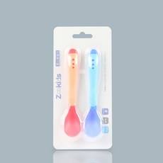 ZooKids 嬰兒感溫變色矽膠勺 輔食餐具組, 感溫勺 - 粉1 藍1 無收納盒, 1個, 如圖所示