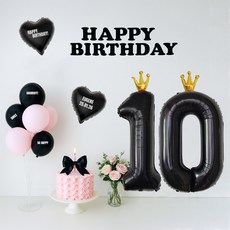 해피제이니 시크블랙 가랜드 대형 왕관숫자 풍선 생일 파티용품 세트 (자유레터링 시트지 3장), 1세트, 핑크 블랙숫자10