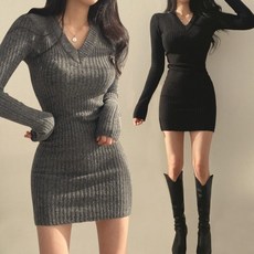 미니 슬림핏 연말 니트티 파티 V넥 스커트 골지 원피스 섹시