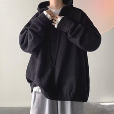 투니스 남성 단색 빈티지 단추 후드 긴소매 니트 스웨터