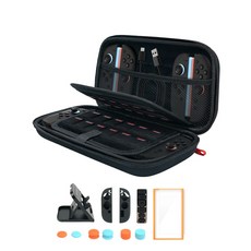 Transnovo Nintendo Switch 2 NS2 保護殼套裝，含便攜收納包、遊戲卡收納、螢幕保護貼、搖桿帽、Joy-Con保護套、防塵塞及折疊支架，全方位保護您的遊戲機, 黑, 1套, NS2-CCC