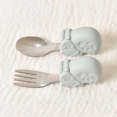 DFMEI 嬰兒寶寶學吃飯訓練叉勺短柄不鏽鋼餐具兒童硅膠輔食輔食叉勺, 1個, 河馬【灰綠】叉勺:如圖