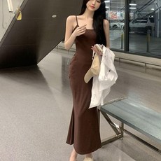 예뻐요 여성 여름 슬림핏 끈 나시 롱 원피스 민소매 머메이드 바캉스