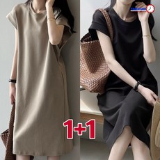 1+1 여름 여성용 루즈핏 플라운스 미디 원피스 슬리브 무지 빅사이즈 반팔 롱 드레스 데일리룩 임부복 2종세트