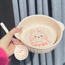 奶油熊7.5英寸雙耳陶瓷碗 可愛釉下彩沙拉碗 學生家用高顏值大號面碗, 粉色萌萌兔雙耳碗一碗一勺, 1個