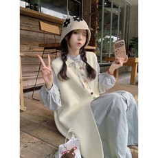 여성 봄 원피스 세트 패션 셔츠 원피스 + 롱 니트 조끼 투피스 프렌치 여자 투피스 세트 YXF