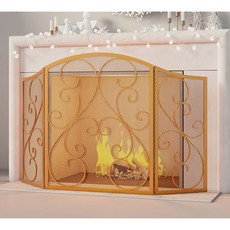 파이어 뷰티 벽난로 스크린 3 패널 원철 금속 48"(L) x 30(H) 스파크 가드 커버(블랙), Golden