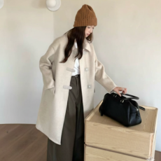 JJ 여성용 핸드메이드 롱 코트 울 체형커버 루즈핏 봄 코트