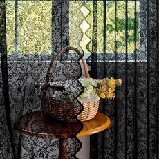 Draphelle 패널 2개 레이스 카페 커튼 137.2 x 114.3cm(54 x 45인치) - 빈티지 화이트 주방 커튼 프라이버시 헤비 플로럴 레이스 드레이프 작은 창문용, 블랙