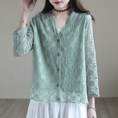 셔츠 여성용 여름 캐주얼 레이스 얇은 느슨한 긴팔 올매치 빈티지 자수 여성용 카디건 선 스크린 옷