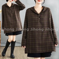 지홍 체크 후드 티셔츠 블라우스 남방 루즈핏 봄가을 빅사이즈 오버핏 77 88 99