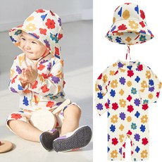 플라워 돌 유아 아기 래쉬가드 수영복+모자 2종세트