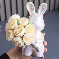 인테리어 소품 세라믹 토끼 꽃다발 조화 화병 세트 10, 화이트펄