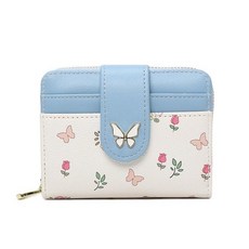 [ 1066496 ] 아디스타일리노 여성용 지갑 컴팩트 PU 가죽 귀여운 나비 스냅 카드 홀더 전면 포켓과 지퍼 포켓 포함 블루 모던