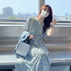 여성 여름 플라워 원피스 반팔 블루 데일리룩