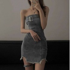 데님 튜브탑 미니원피스 연청 스트랩 데이트룩 바캉스룩