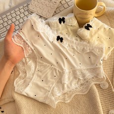 Pwce 冰絲少女內褲 法式蕾絲蝴蝶結中腰三角褲, L(100-120斤)