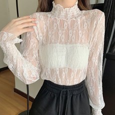 Cavensi 大尺碼蕾絲網紗罩衫 日系木耳邊透膚長袖立領上衣 大碼網紗內搭上衣, 百搭白色,加大碼（建議63~75公斤 ）