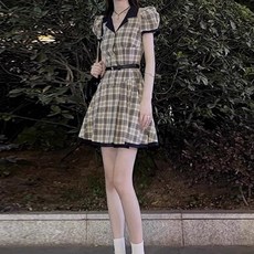 Yellwel 체크 원피스 여성용 여름 반팔 원피스 DJP