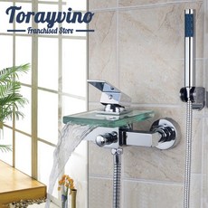 Torayvino 욕실 샤워 수도꼭지 Chuveiro 사각형 벽걸이 유리 욕조 핸드헬드 샤워 탭 믹서 폭포 주둥이 욕조